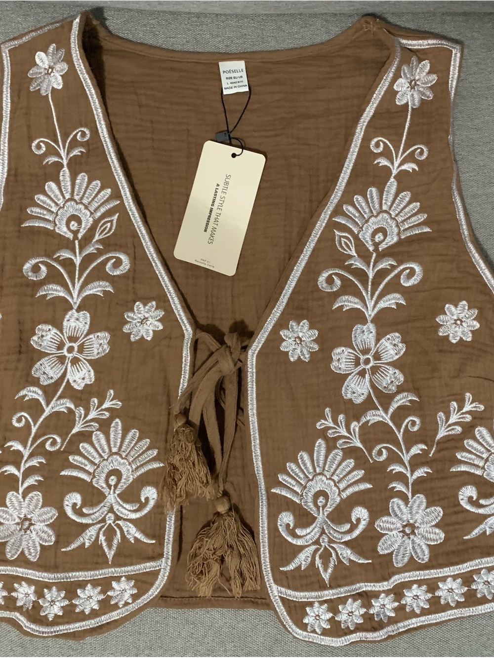 Brown Embroidered Cotton Vest with Tassel Tie - Picture 2 of 4